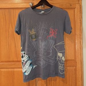 Y2K vintage Don Ed Hardy Purple Gray T shirt Men size M Skull Sword tattoo death